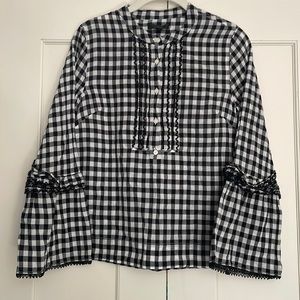 JCREW size 2 black gingham top with bell sleeve